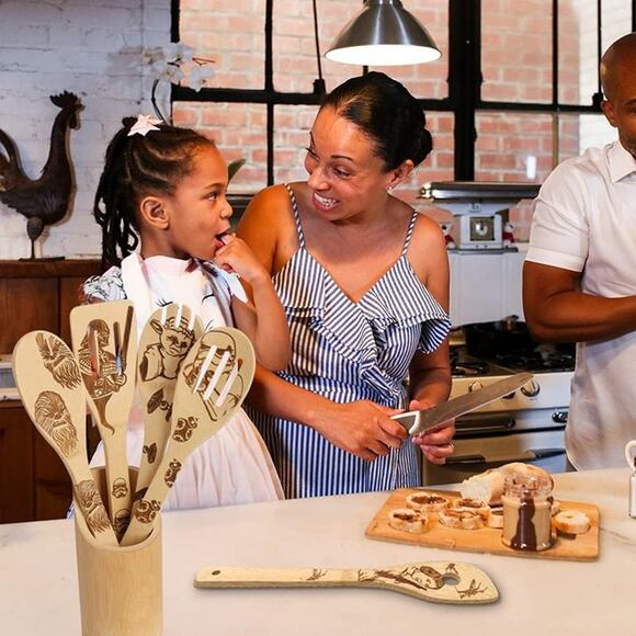 5 PCS Star War Burned Wooden Spoons Cooking Organic Spoons Turner Carved Spatula - Picture 3 of 7